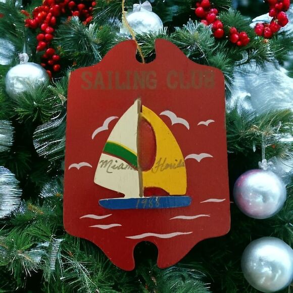 Vintage Miami Florida Ornament Christmas Wood Handpainted Sailboat Seagulls - Picture 8 of 11